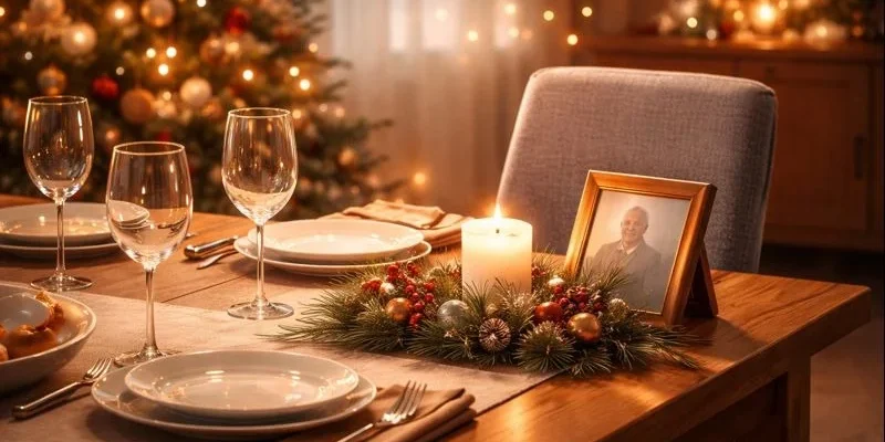 Mesa de Navidad con una silla vacía que representa la ausencia de un ser querido durante el duelo