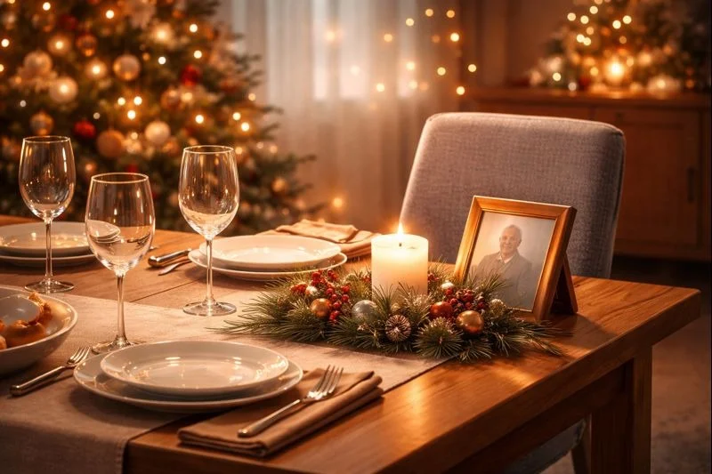 Mesa de Navidad con una silla vacía que representa la ausencia de un ser querido durante el duelo