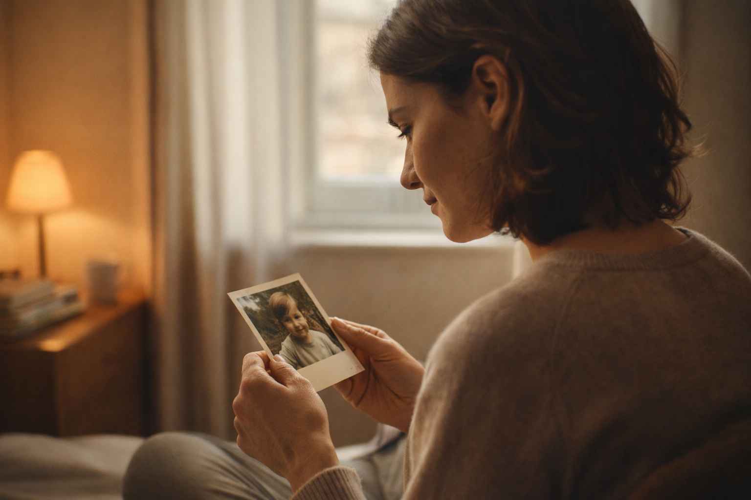 Persona adulta observando una fotografía de su infancia como representación del niño interior