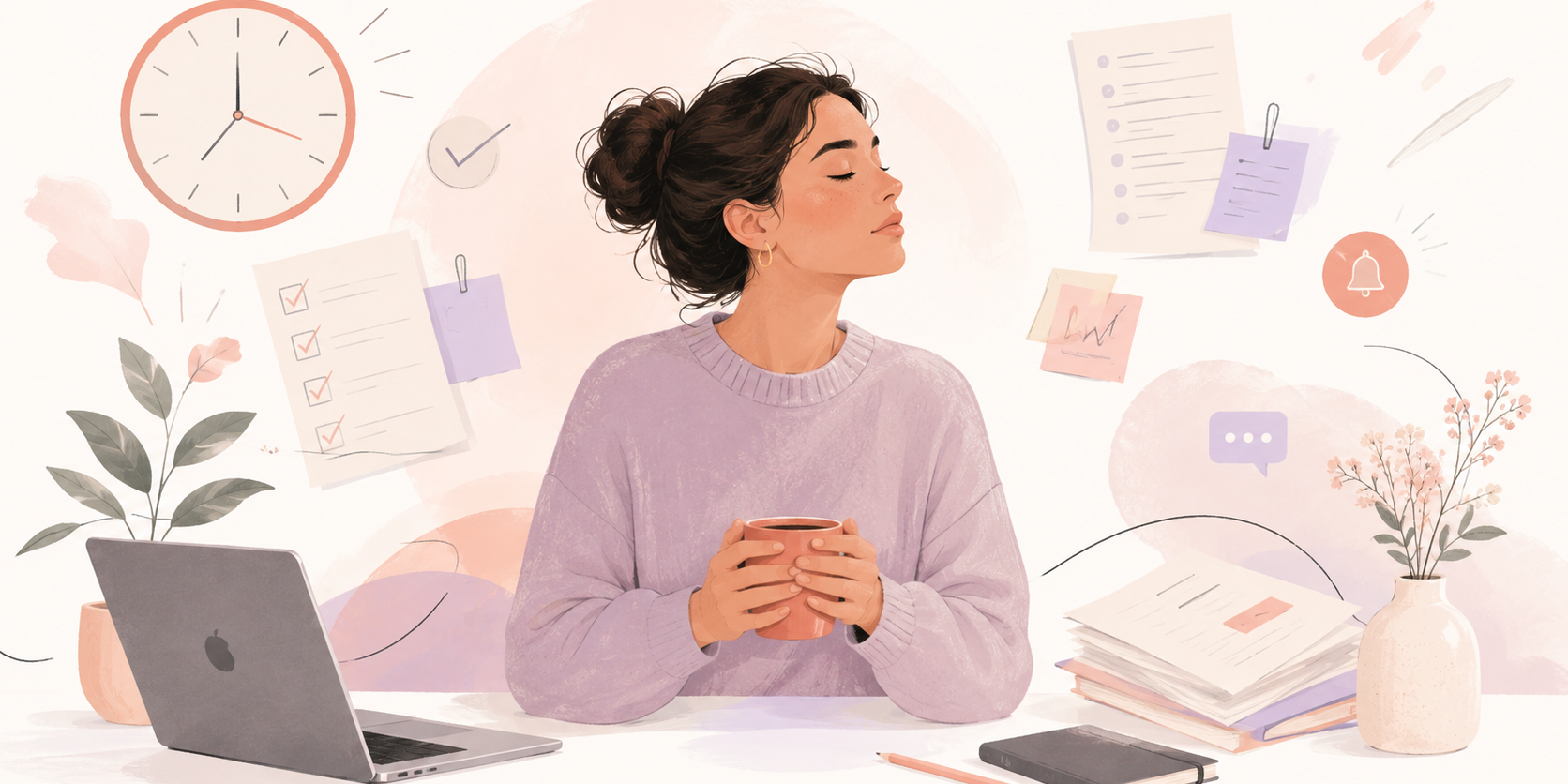 Persona haciendo una pausa en medio de un entorno de productividad y autoexigencia