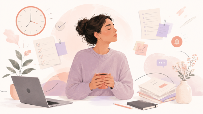 cultura-rendimiento-salud-mental-pausa-productividad Persona haciendo una pausa en medio de un entorno de productividad y autoexigencia