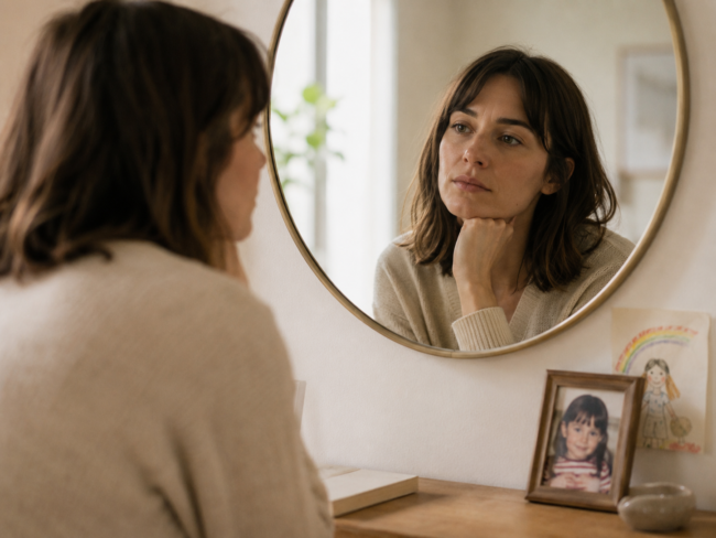 Mujer frente al espejo reflexionando sobre la invalidación emocional en la infancia