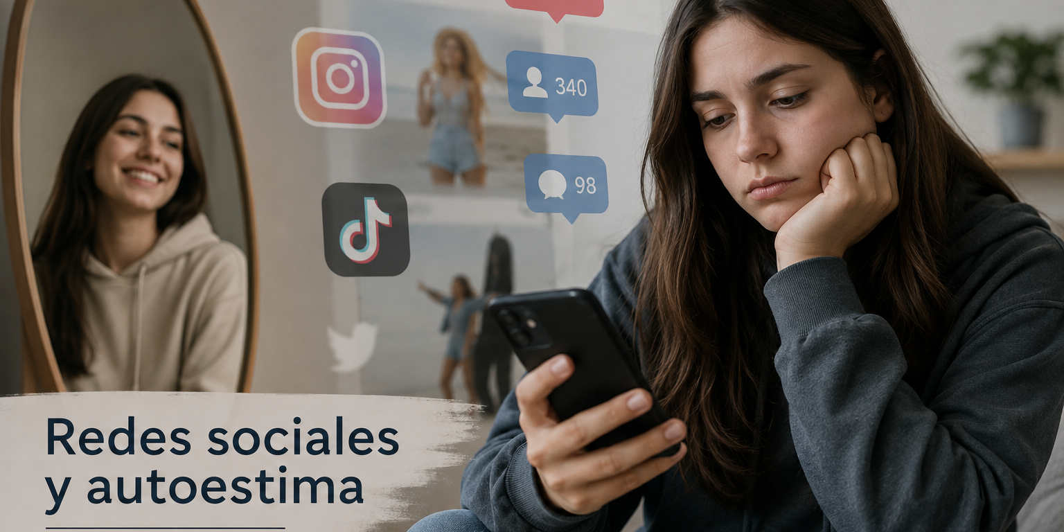 Joven usando redes sociales y su impacto en la autoestima