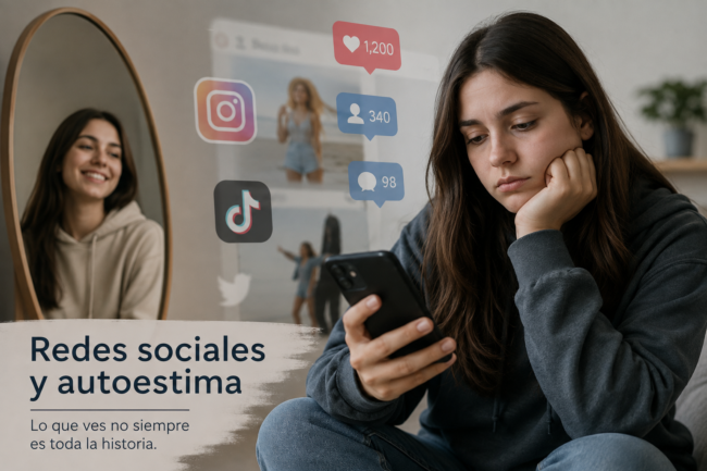 Joven usando redes sociales y su impacto en la autoestima