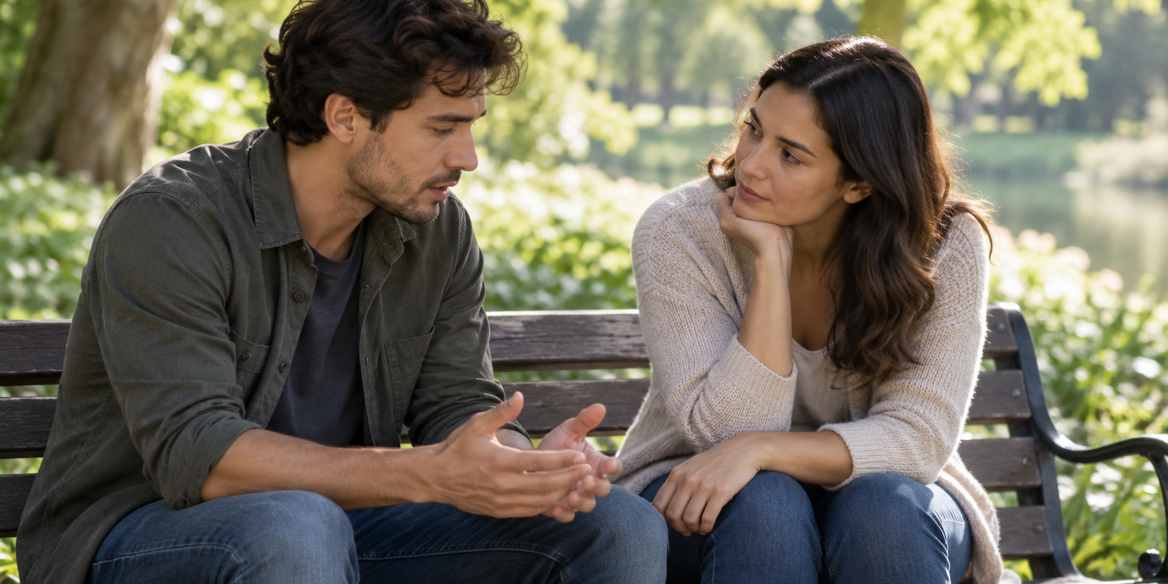 Hombre hablando con una mujer que le escucha como apoyo en la prevención del suicidio